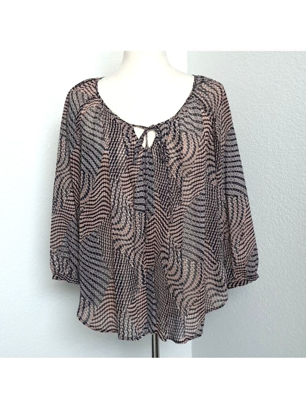 Sheer Flowy Print Blouse Relaxed Fit Keyhole 3/4 Sleeves Womens Small